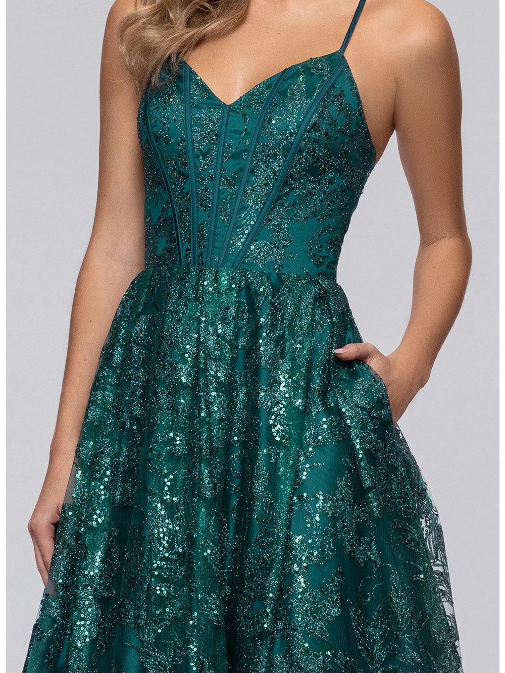 Blondie Nites Teal Sequin Spaghetti Strap Prom Dress